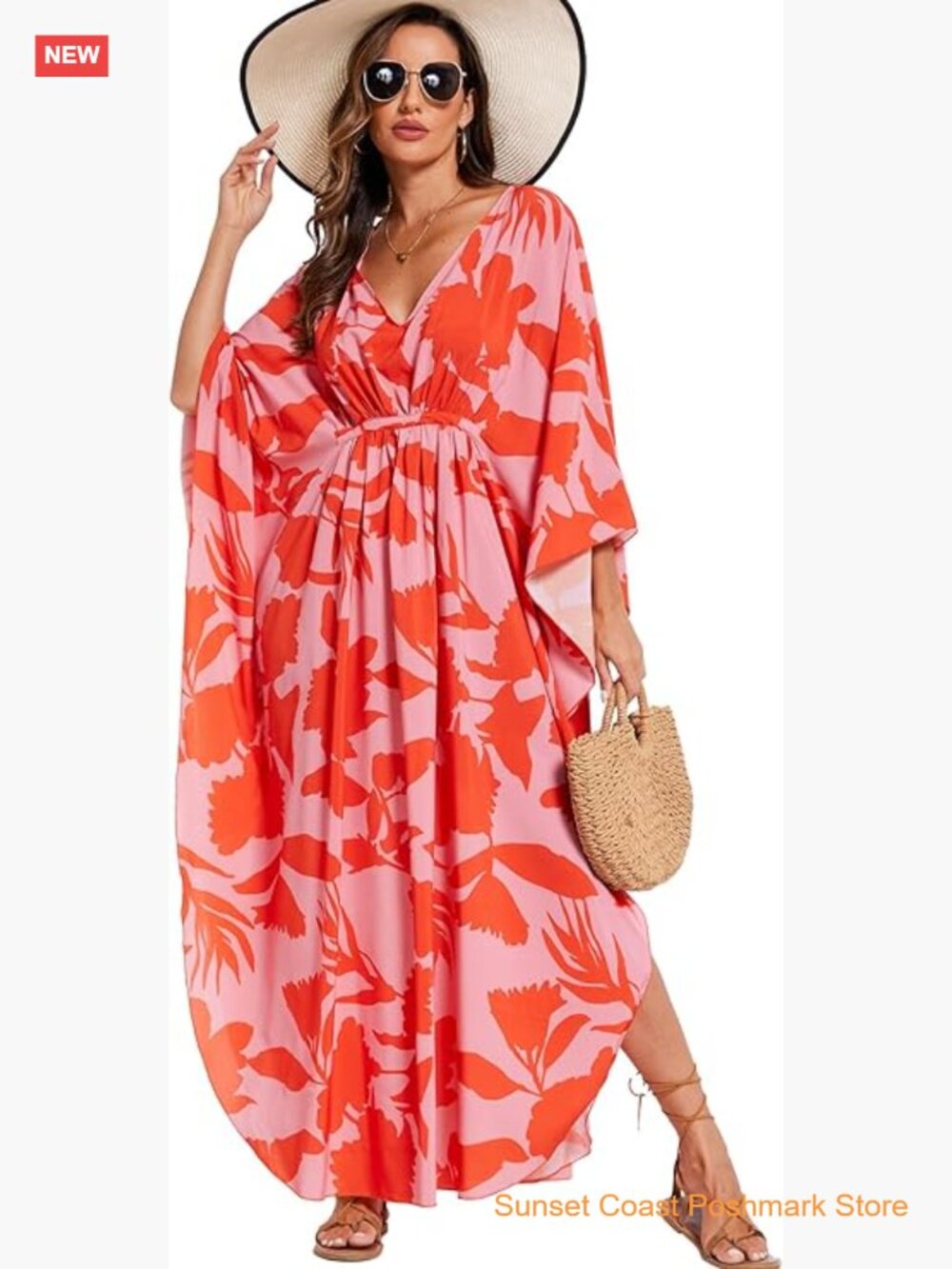 Boho Maxi Kaftan Beach Cover Up V Neck Short Sleeve Swimsuit Cover Up Dress
